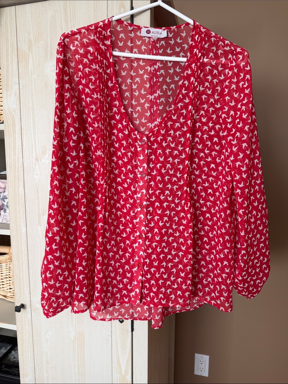 Aldila Red Bird-Print V-Neck Button Front Blouse